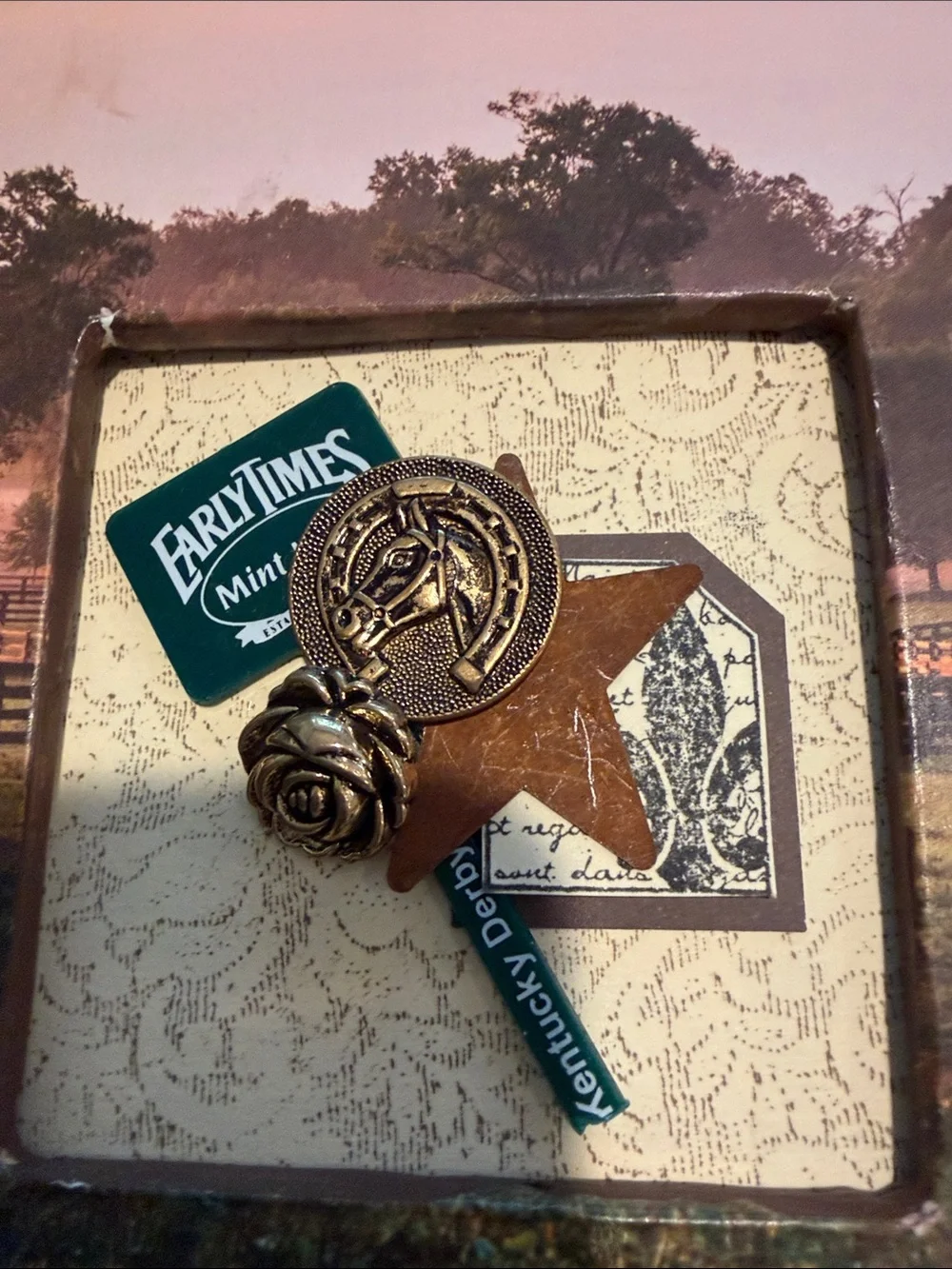 Rustic Kentucky Derby Horse Scene Framed Accent with Green and Brown Tones